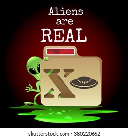 The smiling alien look out of X file with wording Aliens are real. Free font used.