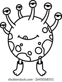 Um monstro alienígena sorridente com vários olhos e tentáculos em um estilo de desenho animado divertido. A criatura tem um corpo redondo com manchas e está em dois pés. Ilustração de vetor de desenhos animados.