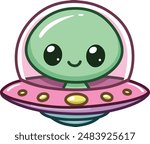 Smiling alien on the front of a UFO spaceship in a kawaii style