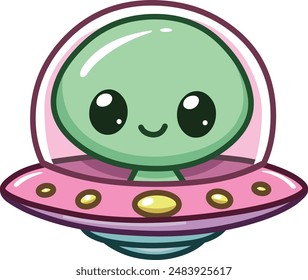 Alienígena sonriente en el frente de una nave espacial OVNI en un estilo kawaii