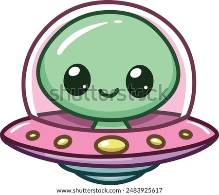 Smiling alien on the front of a UFO spaceship in a kawaii style