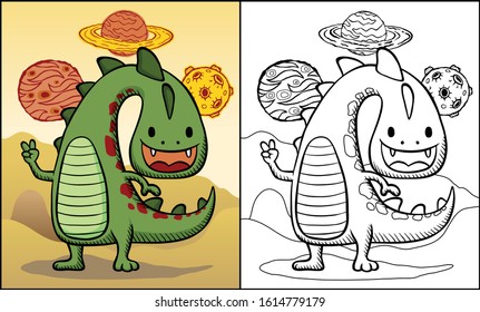 smiling alien on planets background, coloring book or page
