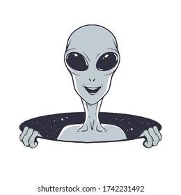 Smiling alien peeps out from the hole of space. Vector illustration