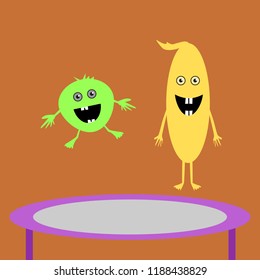 smiling aliens jumping on trampoline. vector illustration.