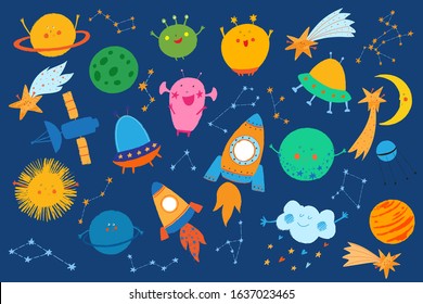 Smiling Aliens And Monsters In Blue Space. Galaxy, Universe. Cute UFO, Stars, Rocket, Satellite, Planets, Spaceship, Constellation. Cosmos Background. Funny Cartoon Character. Vector Kids Illustration