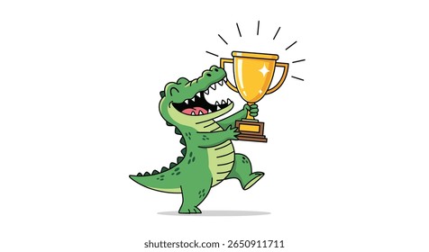 Jacaré sorridente segurando um troféu de ouro comemorando um momento de vitória