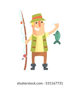 Smiling Amateur Fisherman In Khaki Clothes Holding A Fish He Caught Cartoon Vector Character And His Hobby Illustration