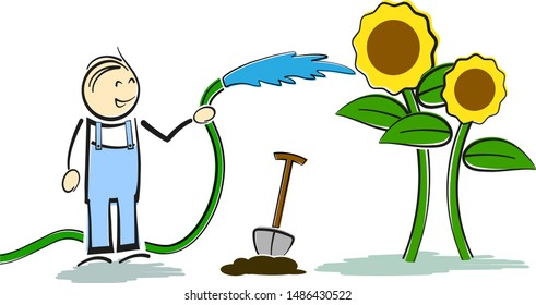 smiling amateur gardener stickman watering plants with garden hose vector illustration