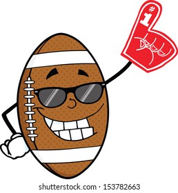 Smiling American Football Ball With Sunglasses Holding A Foam Finger