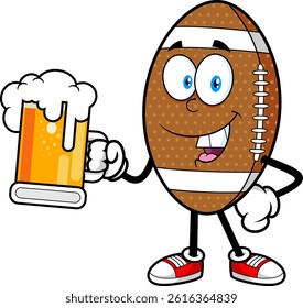 Smiling American Football Mascot Holding Beer Glass - Vector Hand Drawn Illustration Isolated On Transparent Background