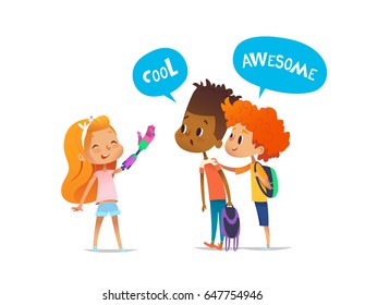 Smiling amputee girl shows robotic arm to two classmates, boys amazedly look at it and encourage her. Children's friendship concept. Vector illustration for banner, website, advertisement, postcard.