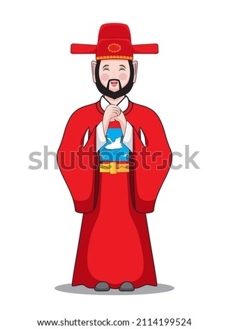 smiling ancient Chinese official of Ming or Qing dynasty dress cosplay or costume in red uniform bless or greeting by hand signs drawing in cartoon vector