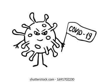 Smiling angry coronavirus virus with flag and inscription COVID-19, cartoon caricature line sketch in black and white colors
