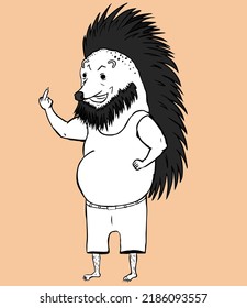 Smiling angry hedgehog with a mohawk and beard in a undershirt and shorts, showing an indecent gesture