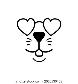 Smiling animal face in heart glasses. Black doodle on white background. Rodent face mask silhouette. Cute rabbit stamp. Animal nose and teeth logo for veterinarian or pet shop. Social media icon