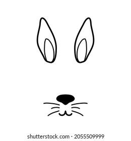 Smiling Animal Face With Long Ears. Black Doodle On White Background. Hopper Bunny Face Mask Silhouette. Cute Rabbit Stamp. Animal Nose Logo For Veterinarian Or Pet Shop. Lovely Pet Icon