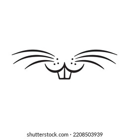 Smiling animal face with rodent teeth. Black doodle on white background. Mouse or bunny face mask silhouette. Cute rabbit stamp.Hand-drawn vector illustration