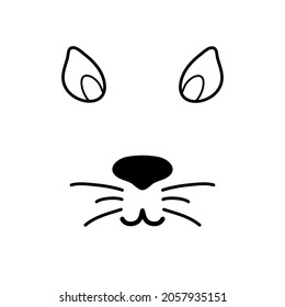 Smiling animal face with small ears. Black doodle on white background. Dog or cat face mask silhouette. Cute mouse stamp. Animal nose logo for veterinarian or pet shop. Lovely pet icon