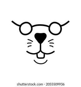 Smiling animal face with teeth in round glasses. Black doodle on white background. Beaver hamster face mask silhouette. Cute rabbit logo. Animal nose and teeth logo for veterinarian or pet shop