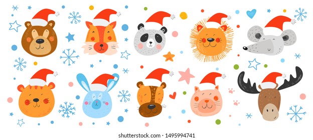 Smiling animals faces in Christmas hat: bear, fox, panda, lion, mouse, tiger, bunny, leopard, cat, moose. New Year funny characters for kids. Hand drawn cartoon vector cute animals. Pencil texture.