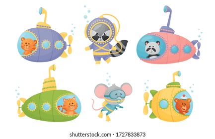 Smiling Animals Swimming Under Water on Submarine and with Diving Suits Vector Set