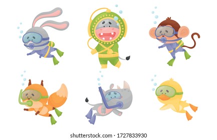 Smiling Animals Swimming Under Water Wearing Diving Suits Vector Set