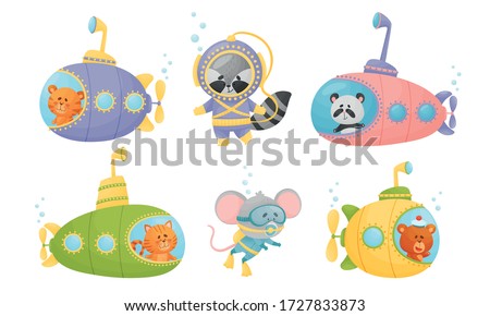 Smiling Animals Swimming Under Water on Submarine and with Diving Suits Vector Set Foto stock © 