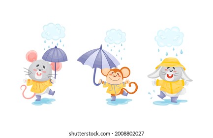 Smiling Animals Wearing Coat Walking on Puddles in Rainy Day with Umbrella Vector Set