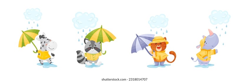 Smiling Animals Wearing Coat Walking on Puddles in Rainy Day with Umbrella Vector Set