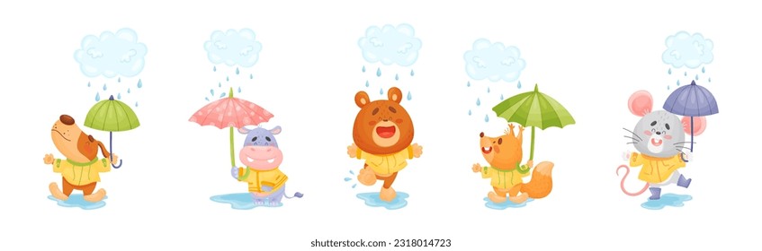 Smiling Animals Wearing Coat Walking on Puddles in Rainy Day with Umbrella Vector Set