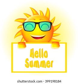 Smiling Animated Sun with Sun Glasses  Holding  Hello Summer Sign Board in White Background
