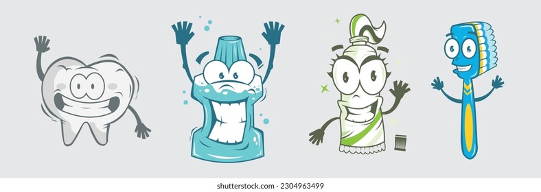 Smiling animated teeth care cartoon characters. Mouth wash, toothbrush, toothpaste tube, float, tooth looking into dental mirror. oral hygiene, care