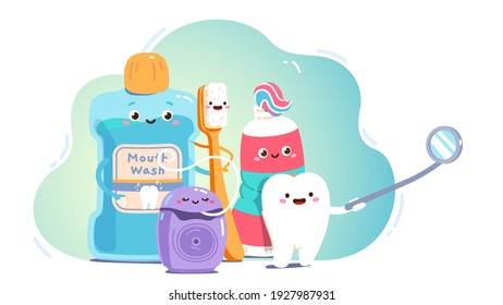 Smiling animated teeth care product cartoon characters. Mouth wash, toothbrush, toothpaste tube, floss, tooth looking into dental mirror. Oral hygiene, care, dentistry concept flat vector illustration