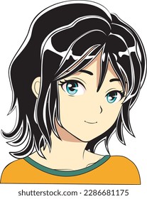 Smiling anime girl with black hair and blue eyes portrait, avatar design.