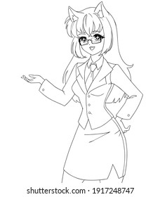Smiling anime manga girl with cat ears wearing office suit isolated on white background. Empty space for banner text