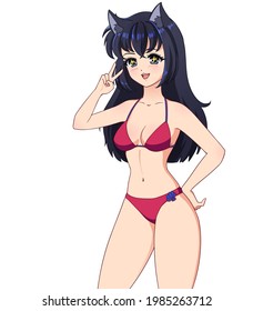 Smiling anime manga girl with cat ears and black hair wearing pink swimsuit with peace sign isolated on white background.