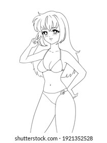 Smiling anime manga girl wearing swimsuit with peace sign isolated on white background.