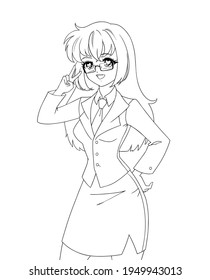 Smiling anime manga girl wearing office suit with peace sign isolated on white background.