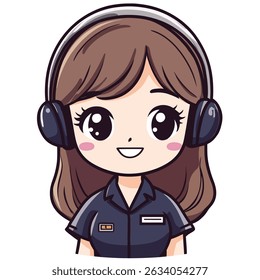 A smiling anime-style girl with brown hair, large eyes, and dark headphones, wearing a dark blue uniform.