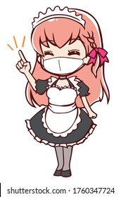 A smiling anime-style maid with a face mask pointing