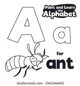 Smiling ant teaching at you the letter 'A' of alphabet, in a didactic alphabet ready to color it.