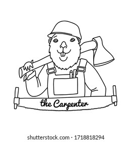 Smiling anthropomorphic beaver woodworker. Profession related logo. Template with text layout The Carpenter on a saw. Black vector stock illustration isolated on white background.