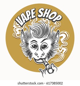 Smiling ape with electronic cigarette. Vapor shop Emblem. Vector illustration