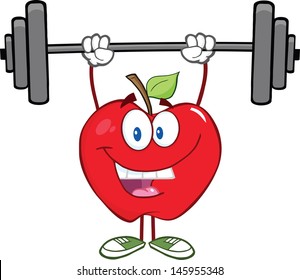 Smiling Apple Cartoon Character Lifting Weights. Vector EPS 10