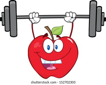 Smiling Apple Cartoon Character Lifting Weights
