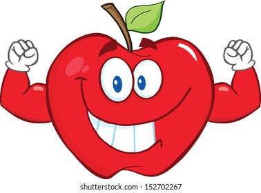 Smiling Apple Cartoon Mascot Character With Muscle Arms