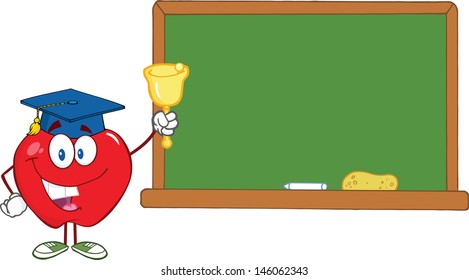 Smiling Apple Character Ringing A Bell For Back To School In Front Of Chalkboard. Vector Illustration