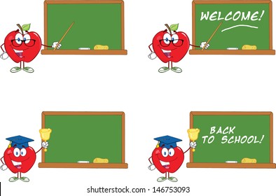 Smiling Apple Characters In Front Of Chalkboard. Vector Collection