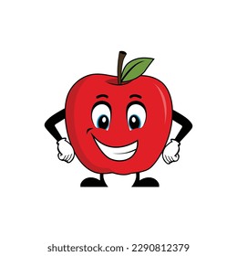 Caricatura del personaje de la fruta de manzana sonriente con brazos en las caderas. Adecuado para afiches, banner, web, icono, mascota, fondo