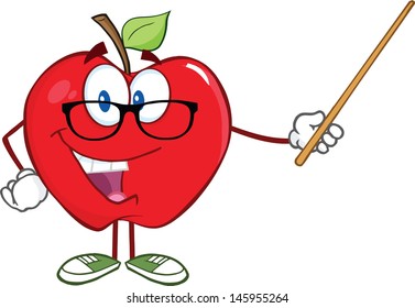 Smiling Apple Teacher Character With A Pointer. Vector EPS 10